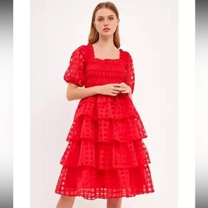 NWT English Factory Red Women’s Check Organza Tiered Midi Dress Small